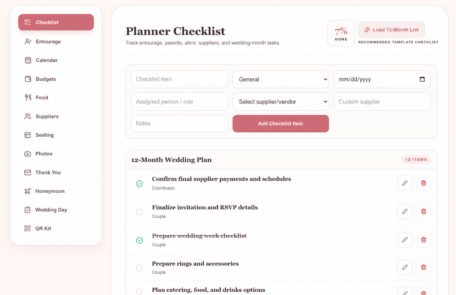 QuickWeds Planner Checklist dashboard
