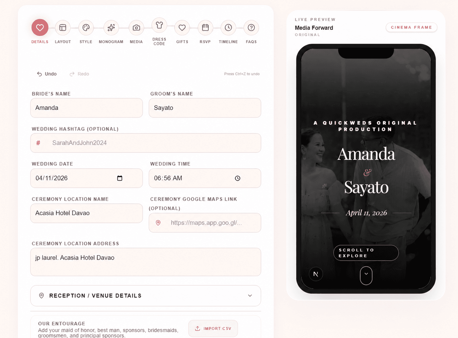 QuickWeds wedding website builder dashboard